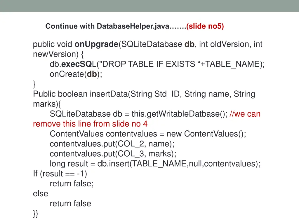 continue with databasehelper java slide no5