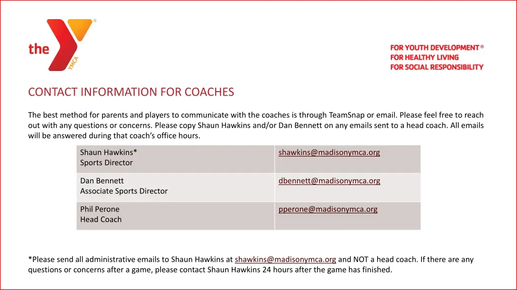 contact information for coaches