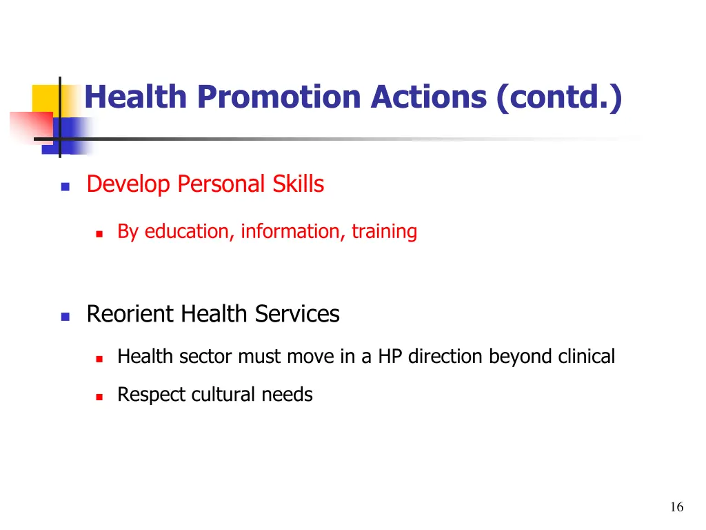 health promotion actions contd