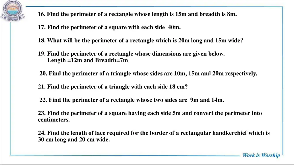 16 find the perimeter of a rectangle whose length