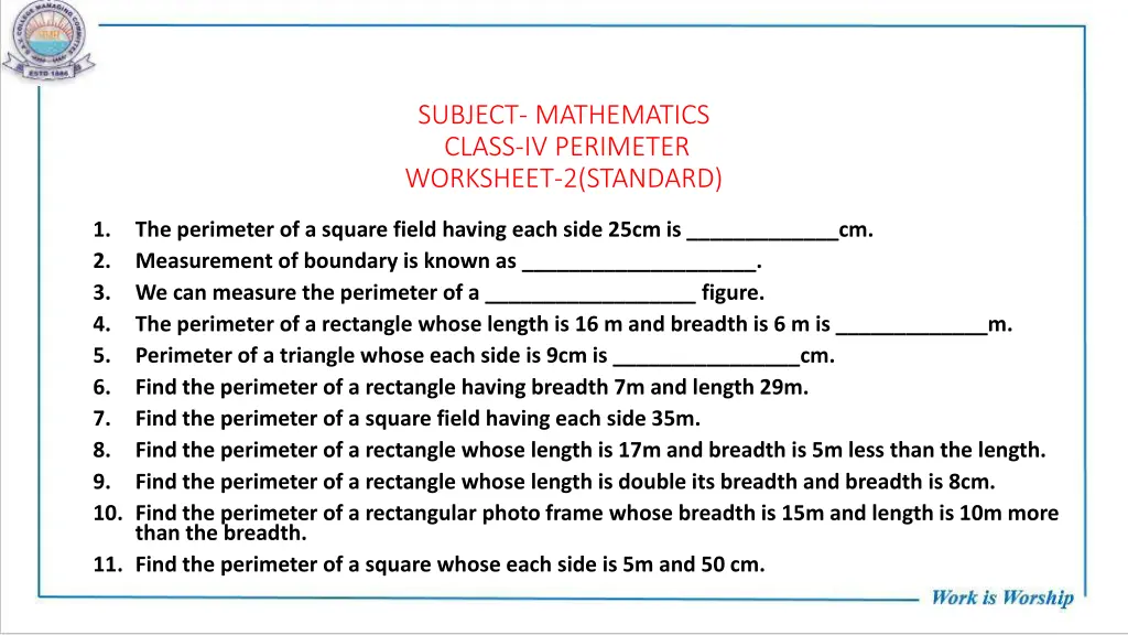 subject mathematics class iv perimeter worksheet 1