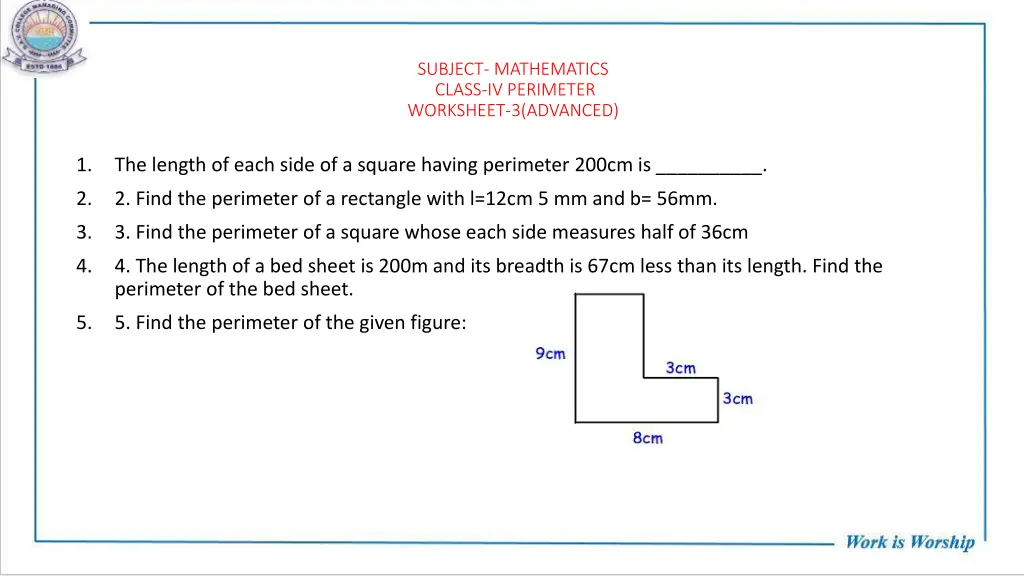 subject mathematics class iv perimeter worksheet 2