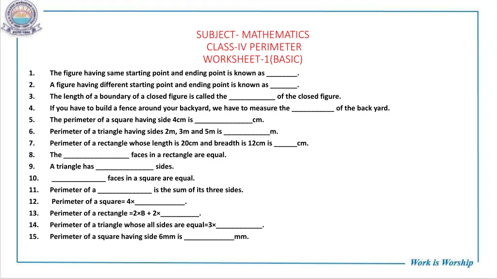 subject mathematics class iv perimeter worksheet