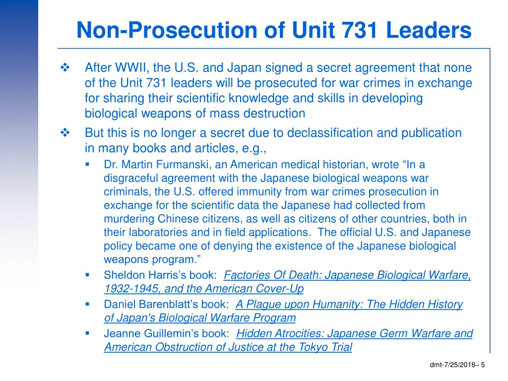 non prosecution of unit 731 leaders