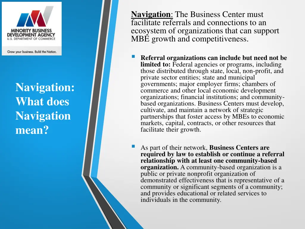 navigation the business center must facilitate