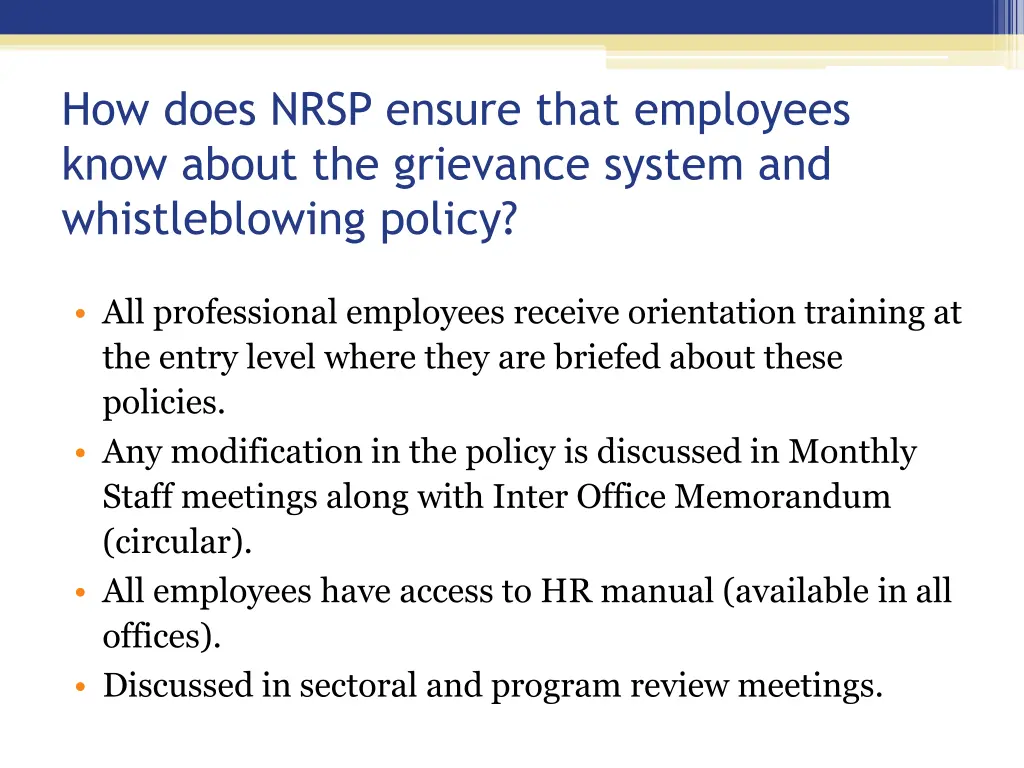 how does nrsp ensure that employees know about