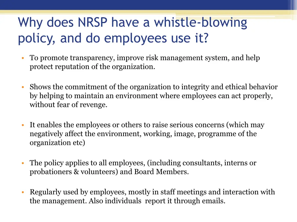 why does nrsp have a whistle blowing policy