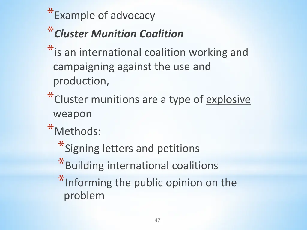 example of advocacy cluster munition coalition