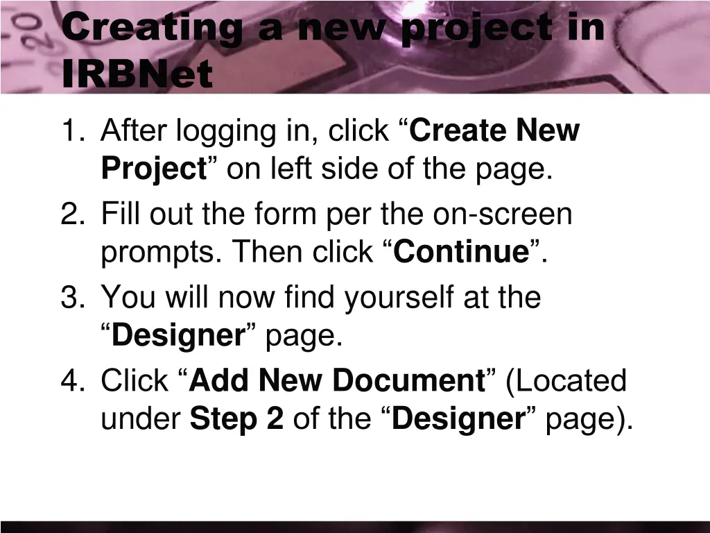 creating a new project in irbnet 1 after logging