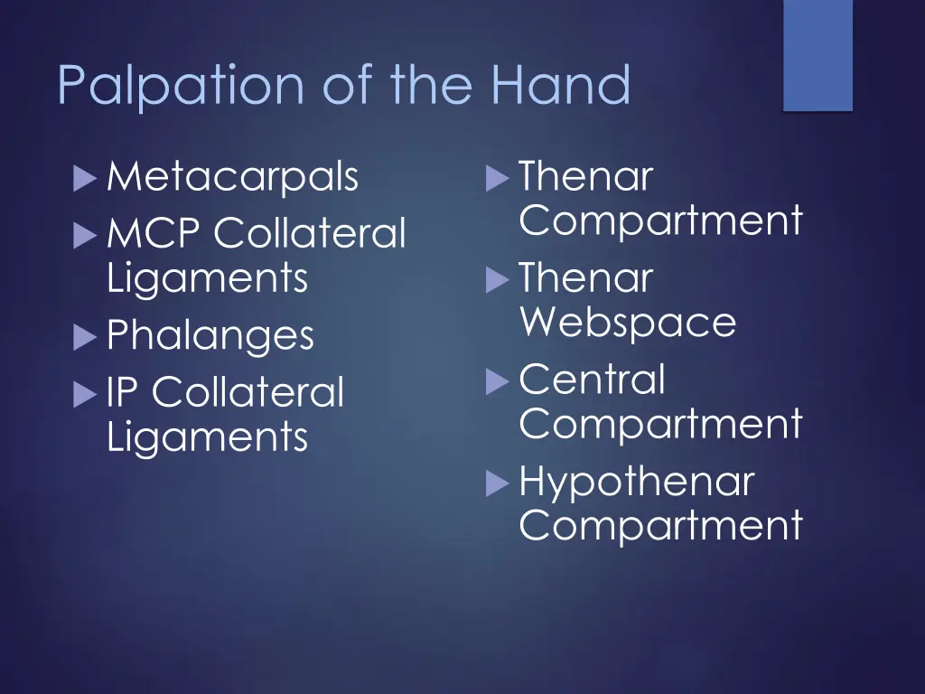 palpation of the hand