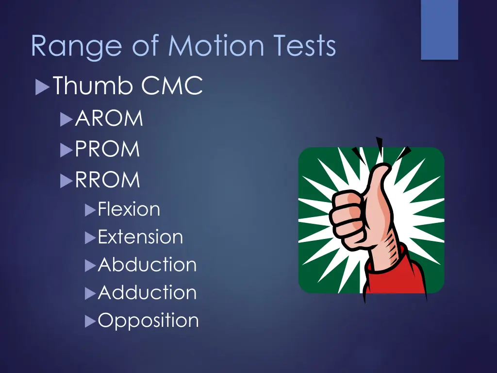 range of motion tests thumb cmc arom prom rrom