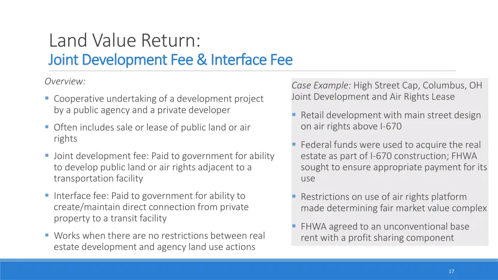 land value return joint development fee interface