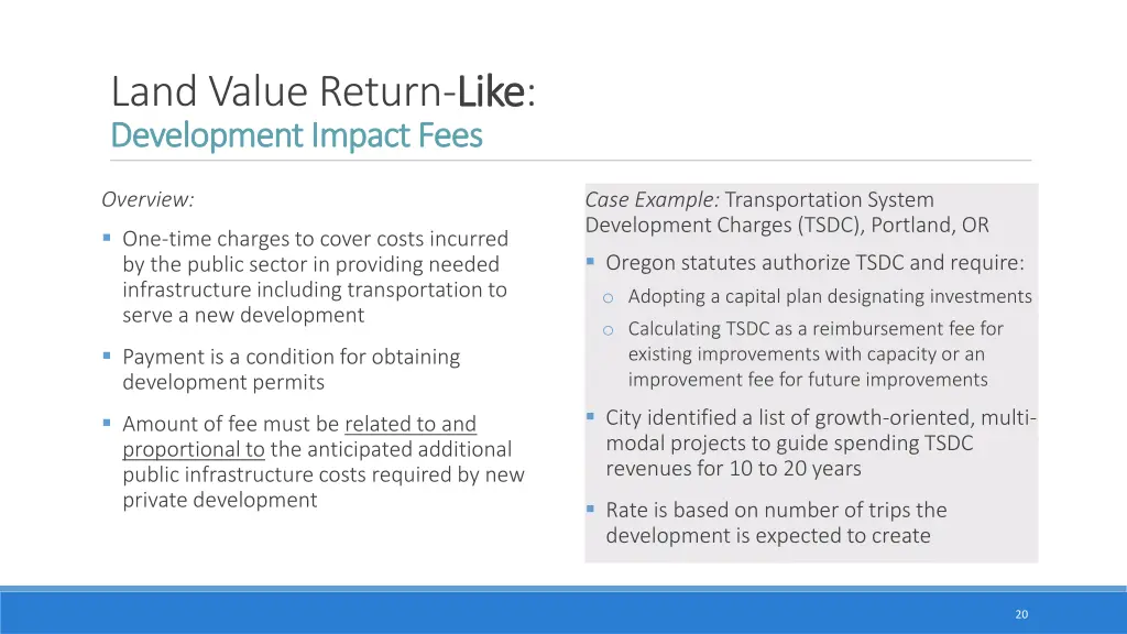 land value return like development impact fees