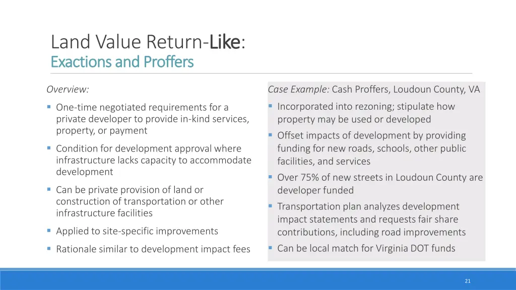 land value return like exactions and proffers