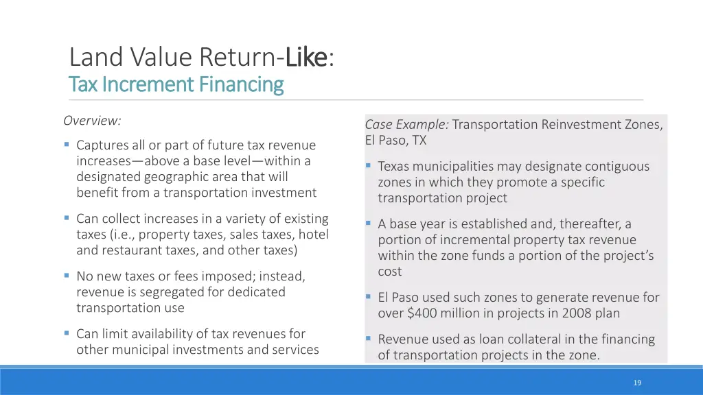 land value return like tax increment financing