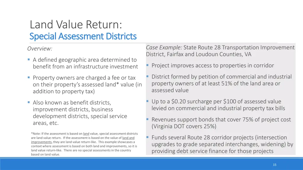 land value return special assessment districts