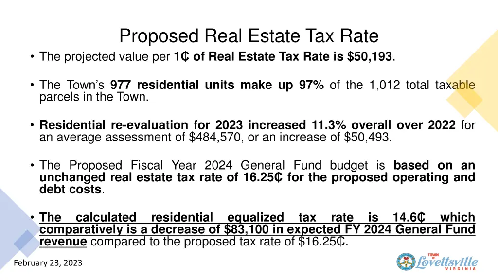 proposed real estate tax rate the projected value