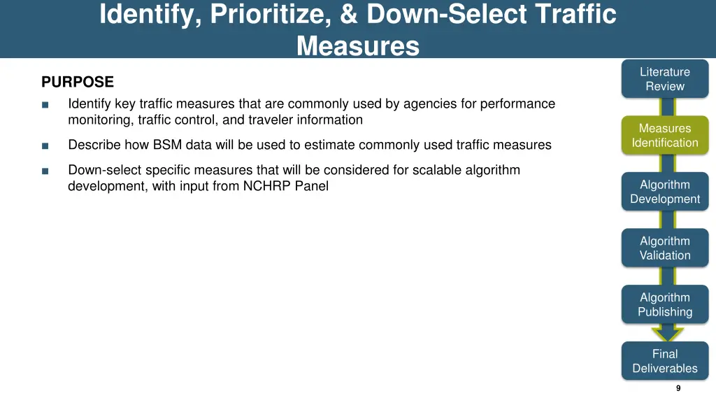 identify prioritize down select traffic measures