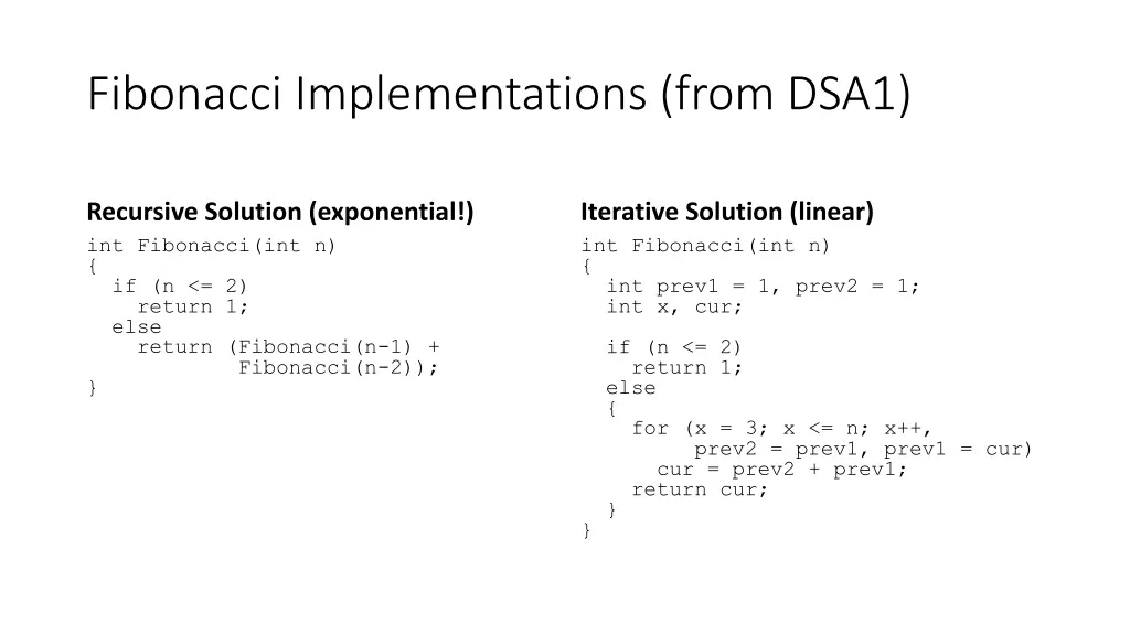 fibonacci implementations from dsa1