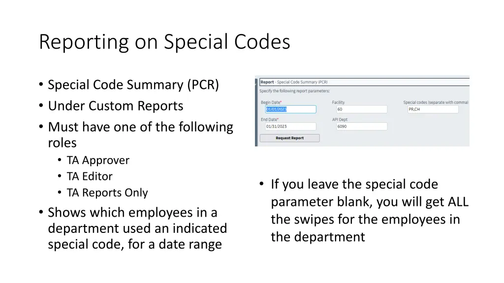 reporting on special codes