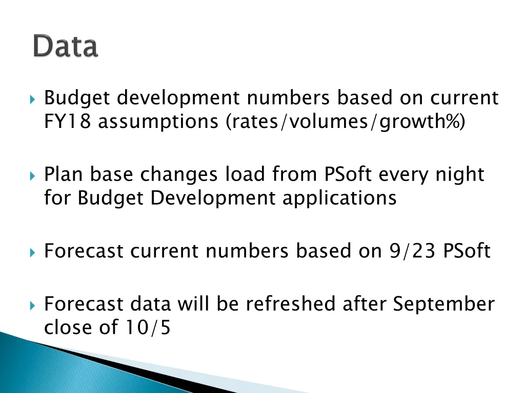 budget development numbers based on current fy18