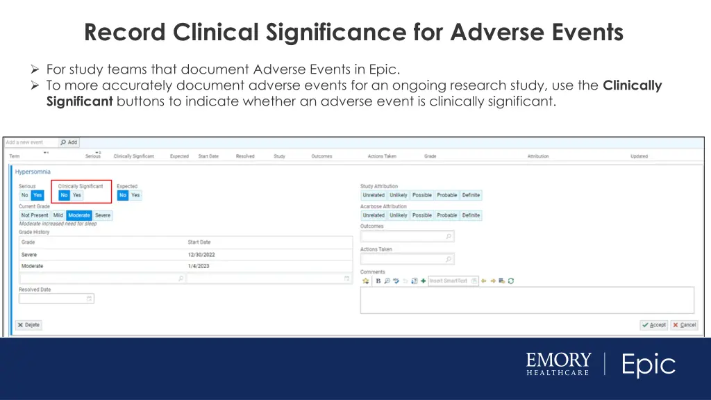 record clinical significance for adverse events