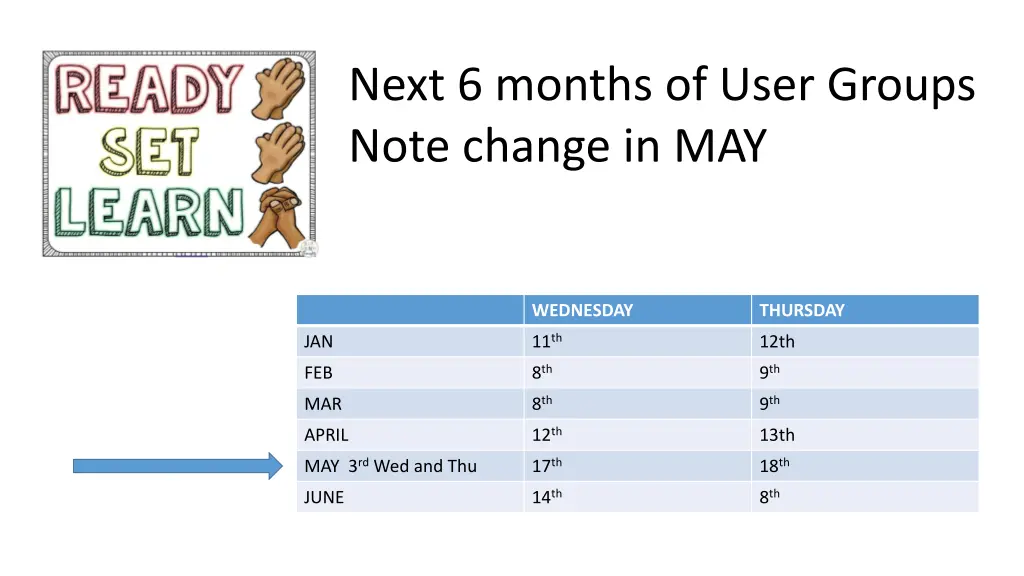 next 6 months of user groups note change in may