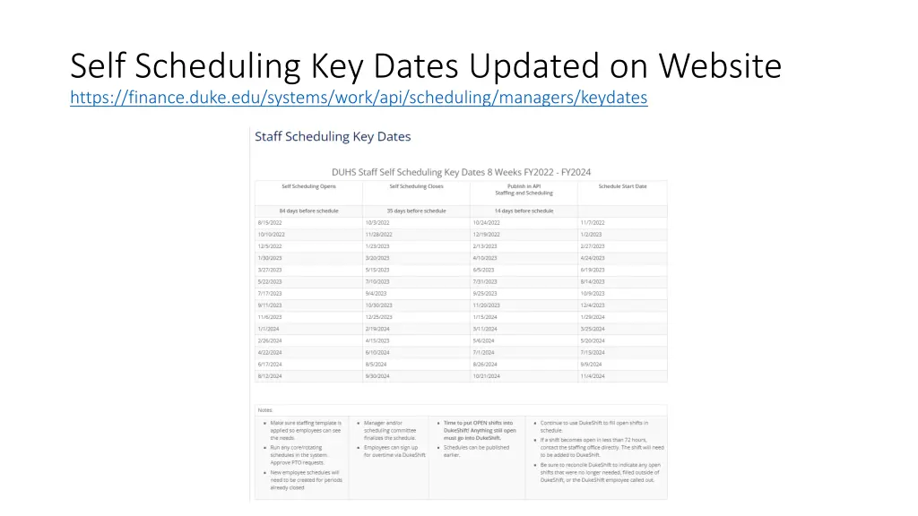 self scheduling key dates updated on website