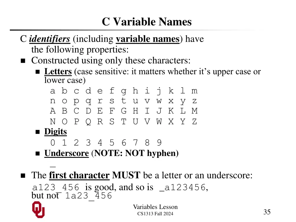 c variable names