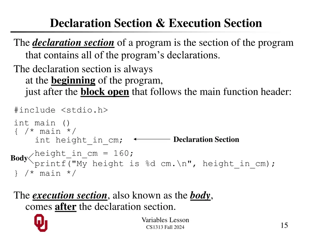 declaration section execution section