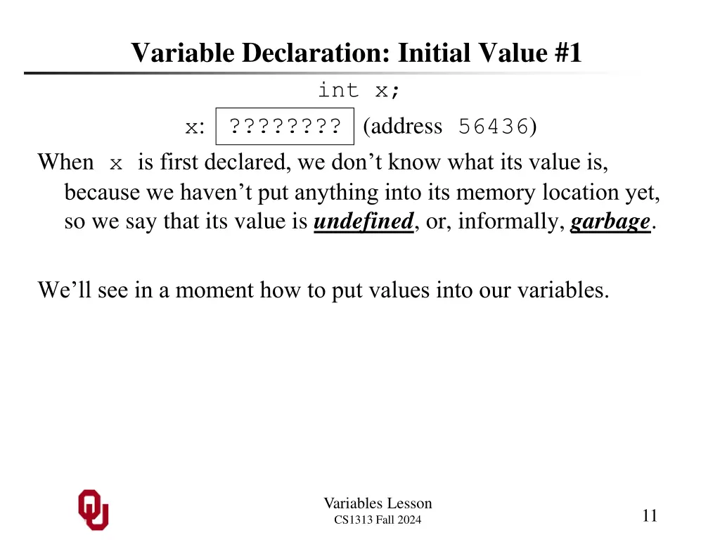 variable declaration initial value 1