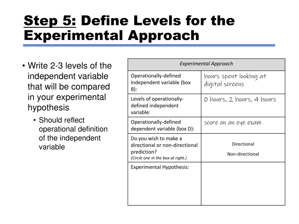 step 5 define levels for the experimental approach