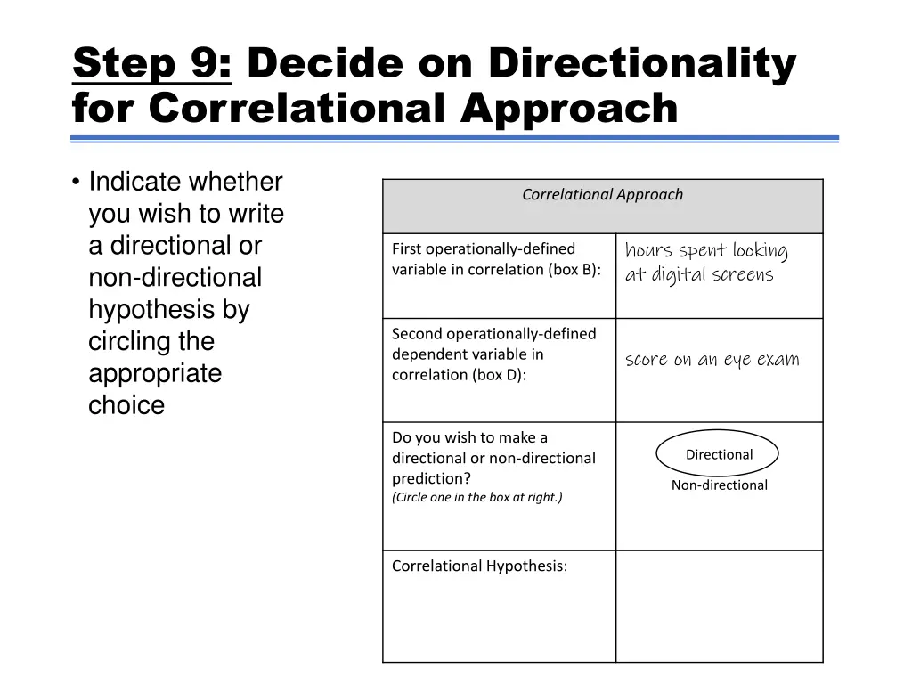 step 9 decide on directionality for correlational