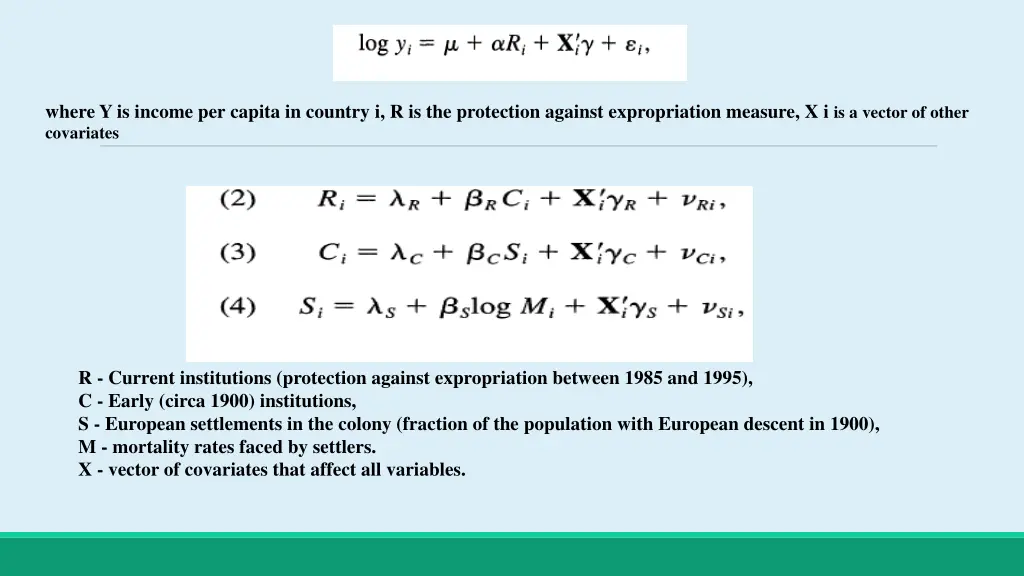 where y is income per capita in country