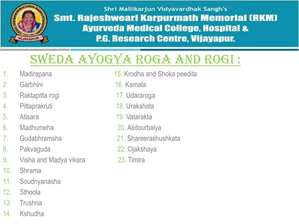 sweda ayogya roga and rogi madirapana 15 krodha