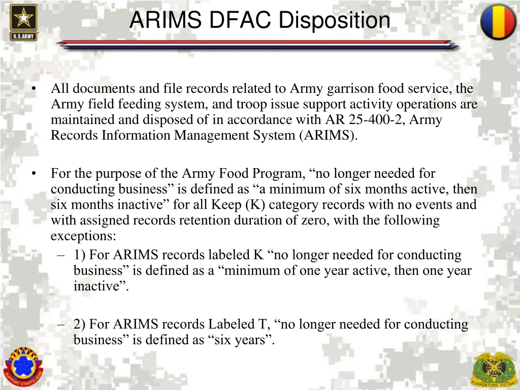 arims dfac disposition