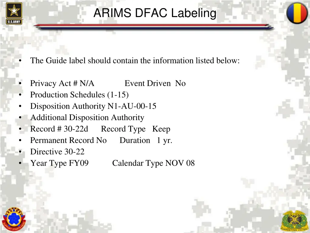 arims dfac labeling 2