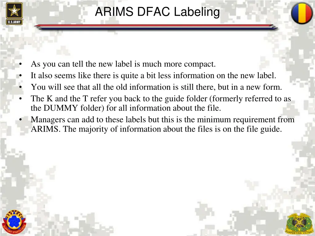 arims dfac labeling