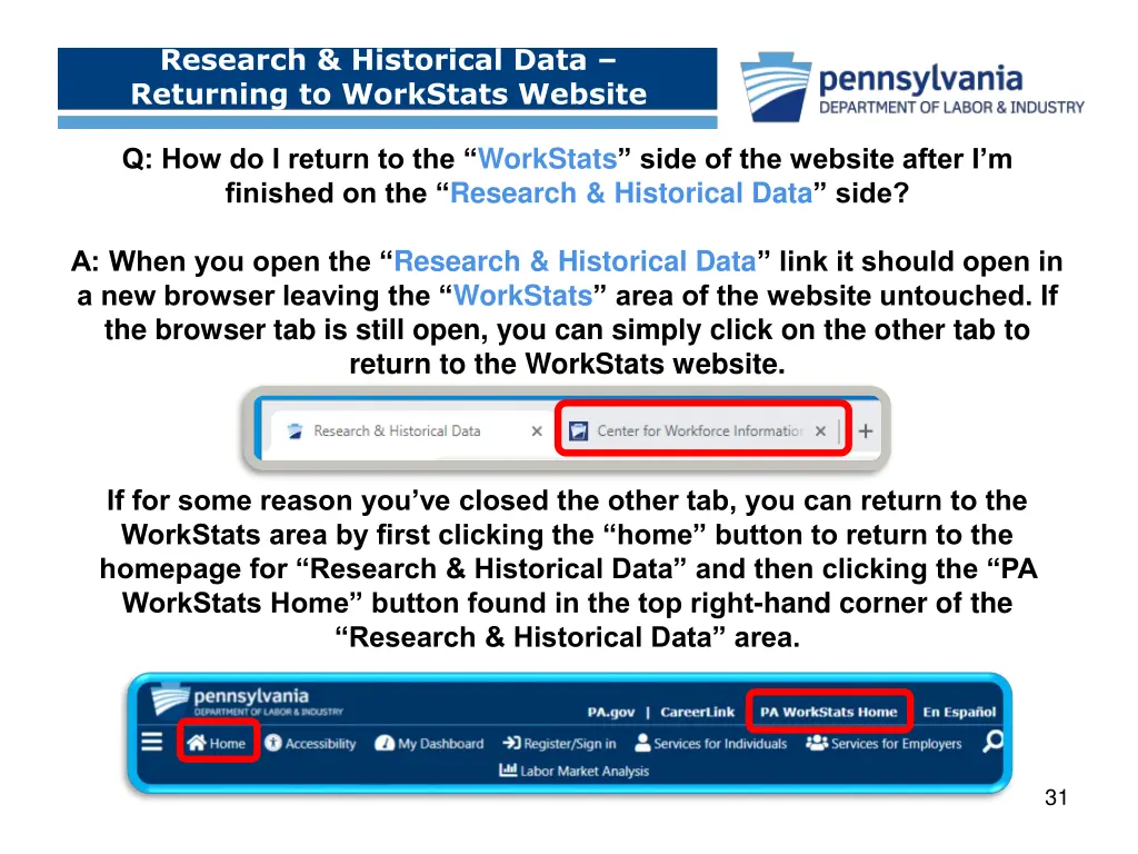 research historical data returning to workstats