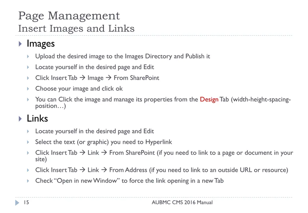 page management insert images and links images