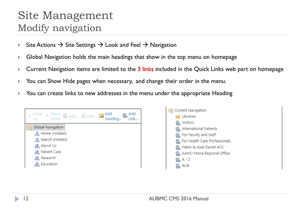 site management modify navigation