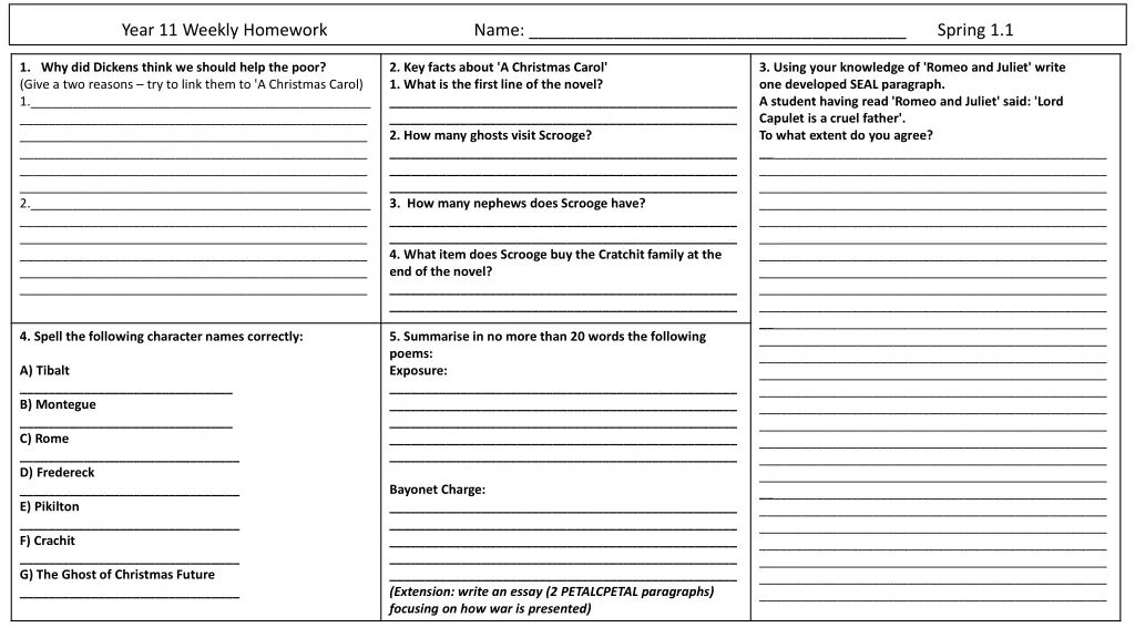 year 11 weekly homework