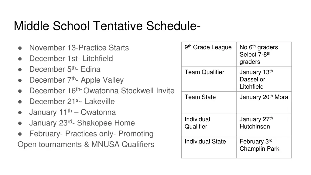 middle school tentative schedule