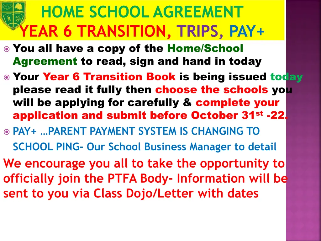 home school agreement year 6 transition trips