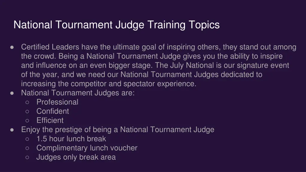 national tournament judge training topics