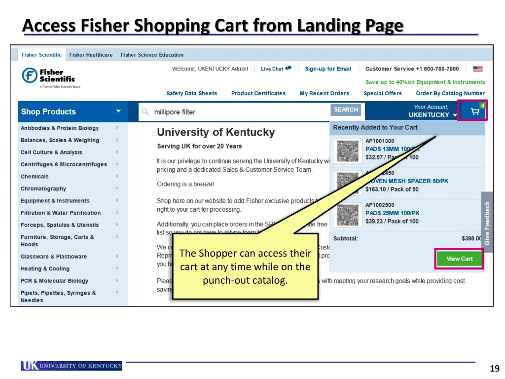 access fisher shopping cart from landing page