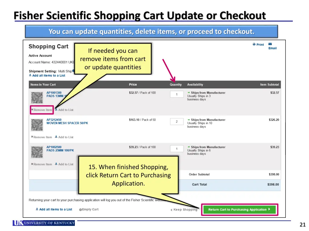 fisher scientific shopping cart update or checkout