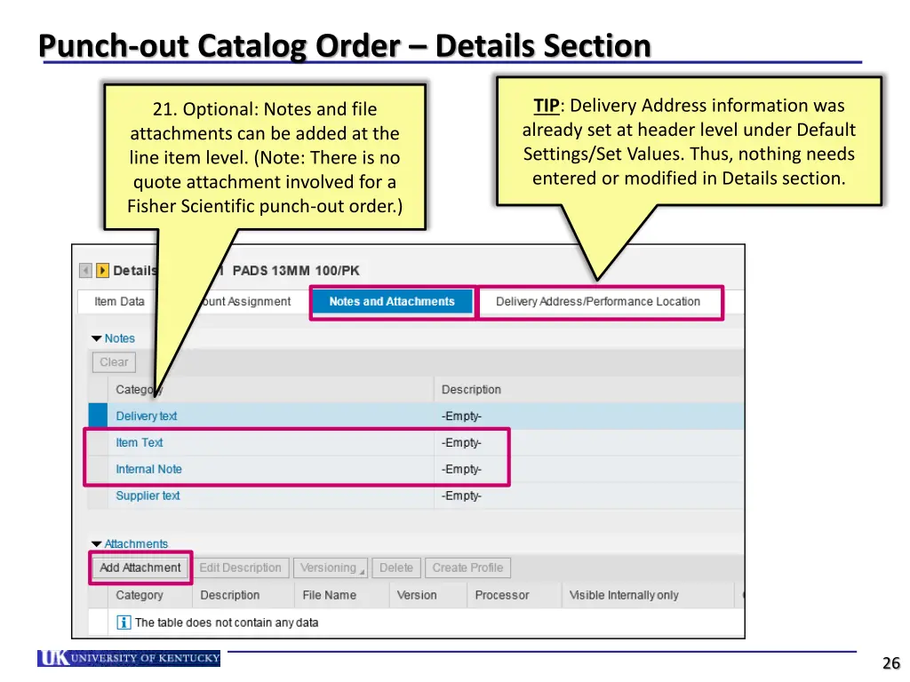 punch out catalog order details section