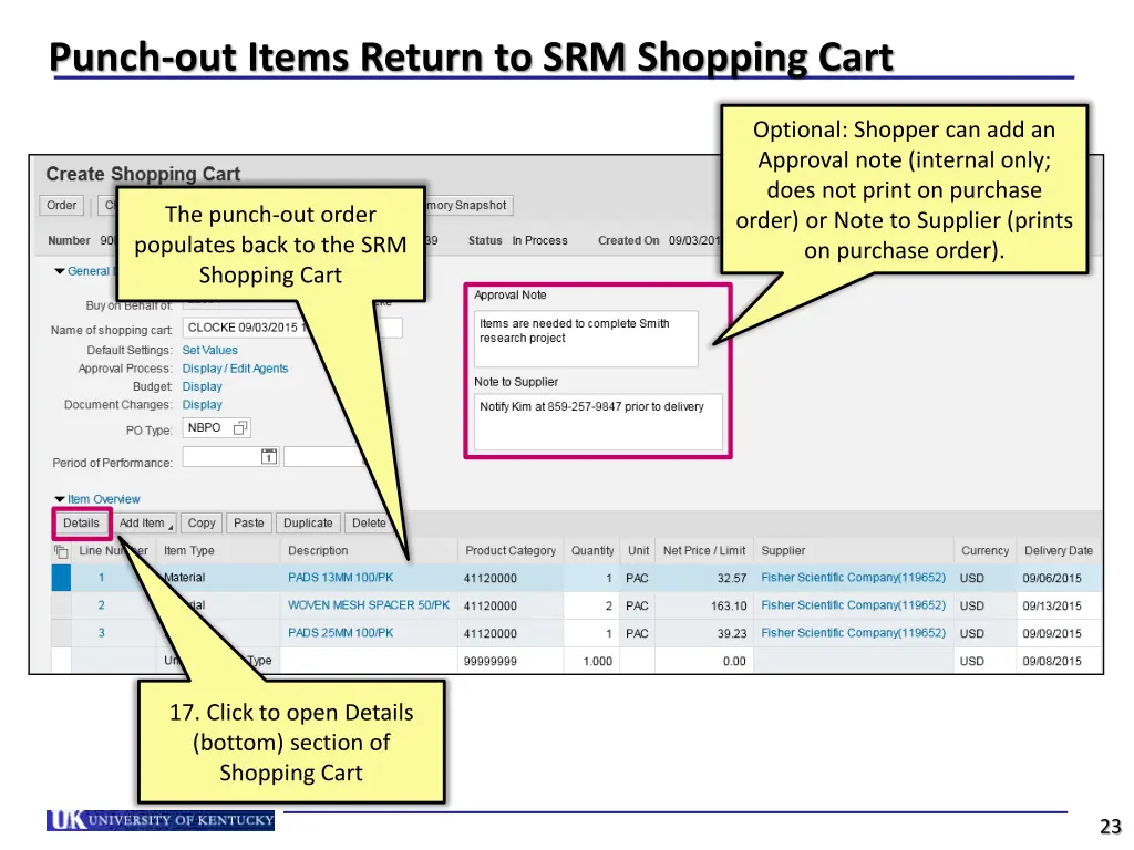 punch out items return to srm shopping cart