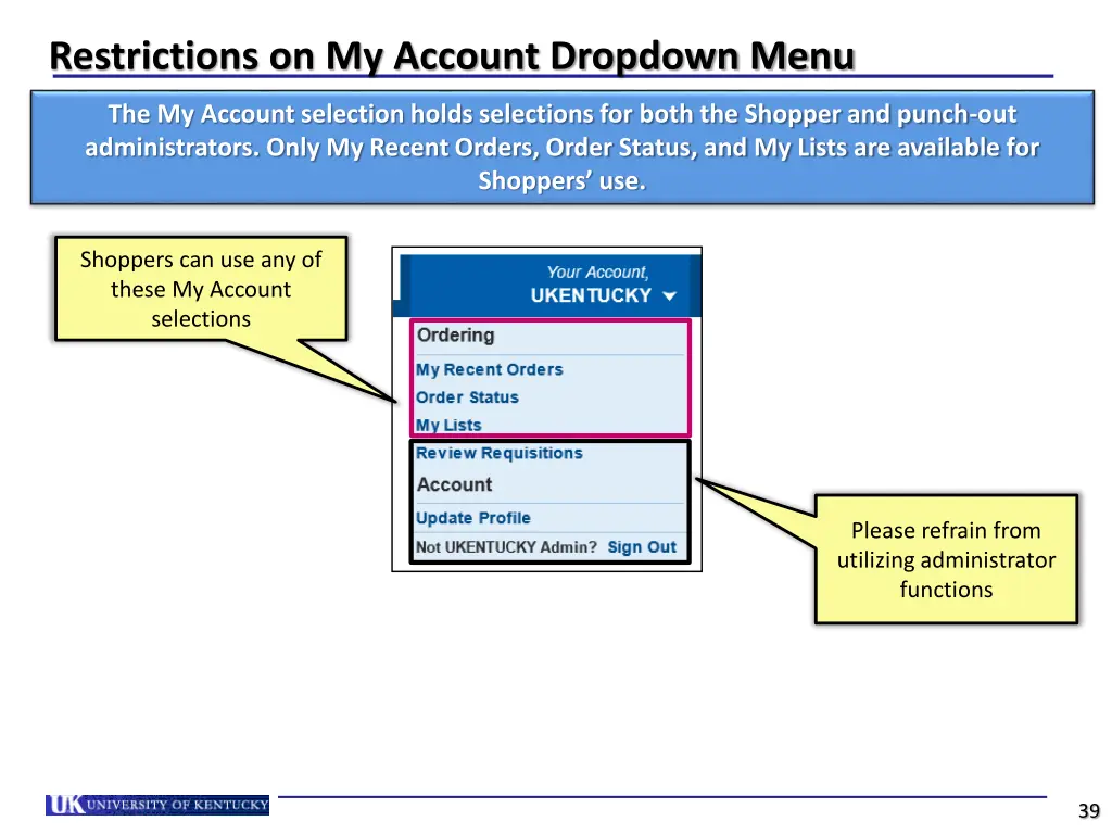 restrictions on my account dropdown menu